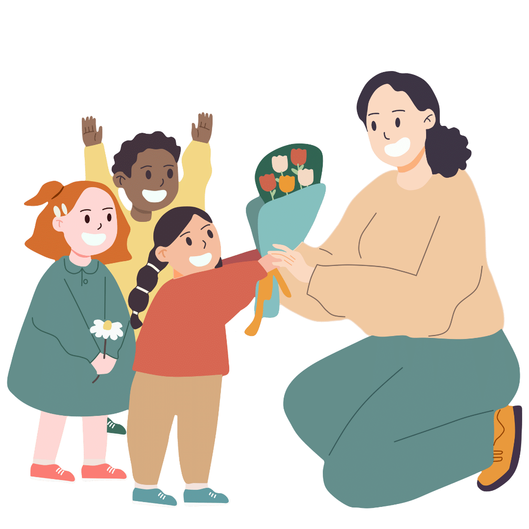 kids giving bouquet to teacher